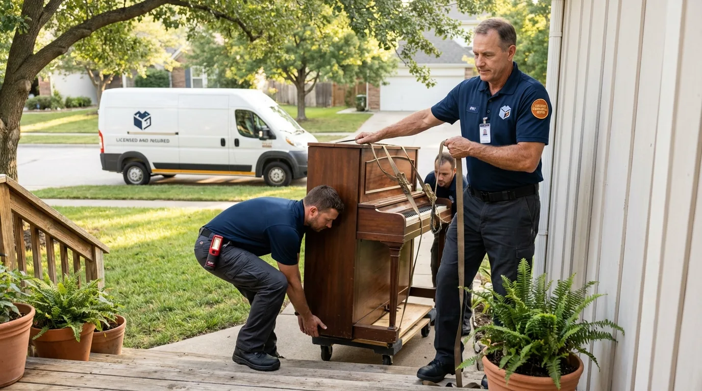 Licensed piano movers securing grand piano in Hemlock, MI