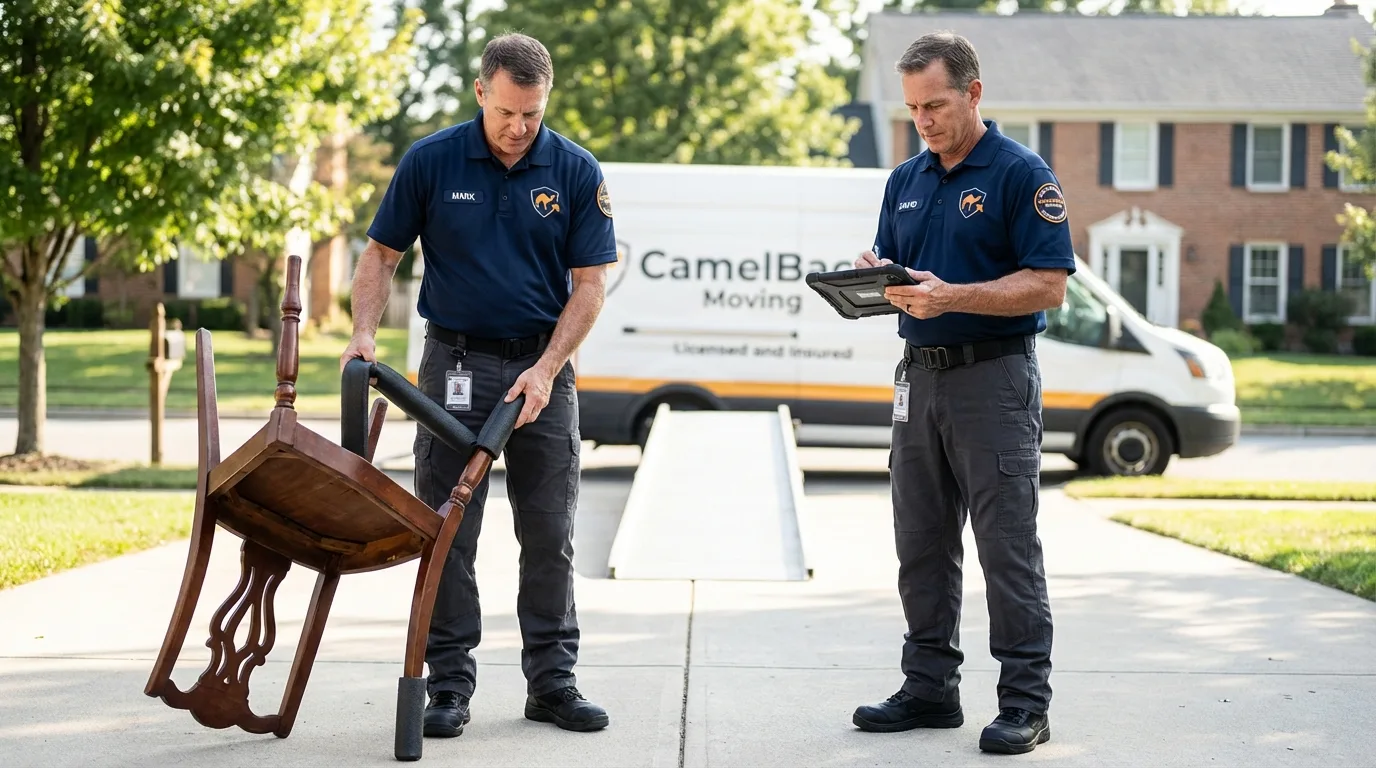 Movers inspecting furniture for damage prevention before loading in Hemlock, MI