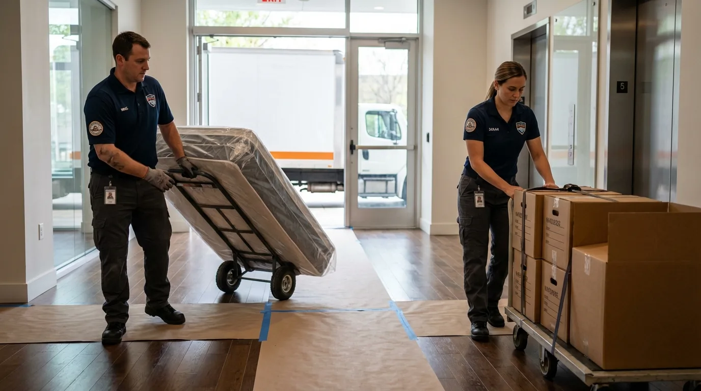 Professional apartment movers loading elevator in Hemlock, MI